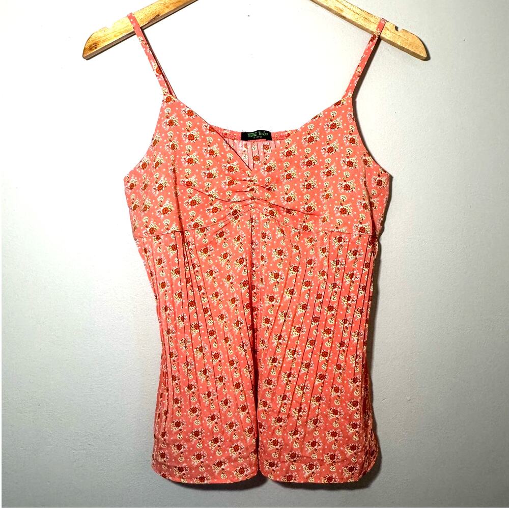 Trung Thoa Floral Cami Top Pink Orange Pleated Pintuck Y2K Coquette Small
